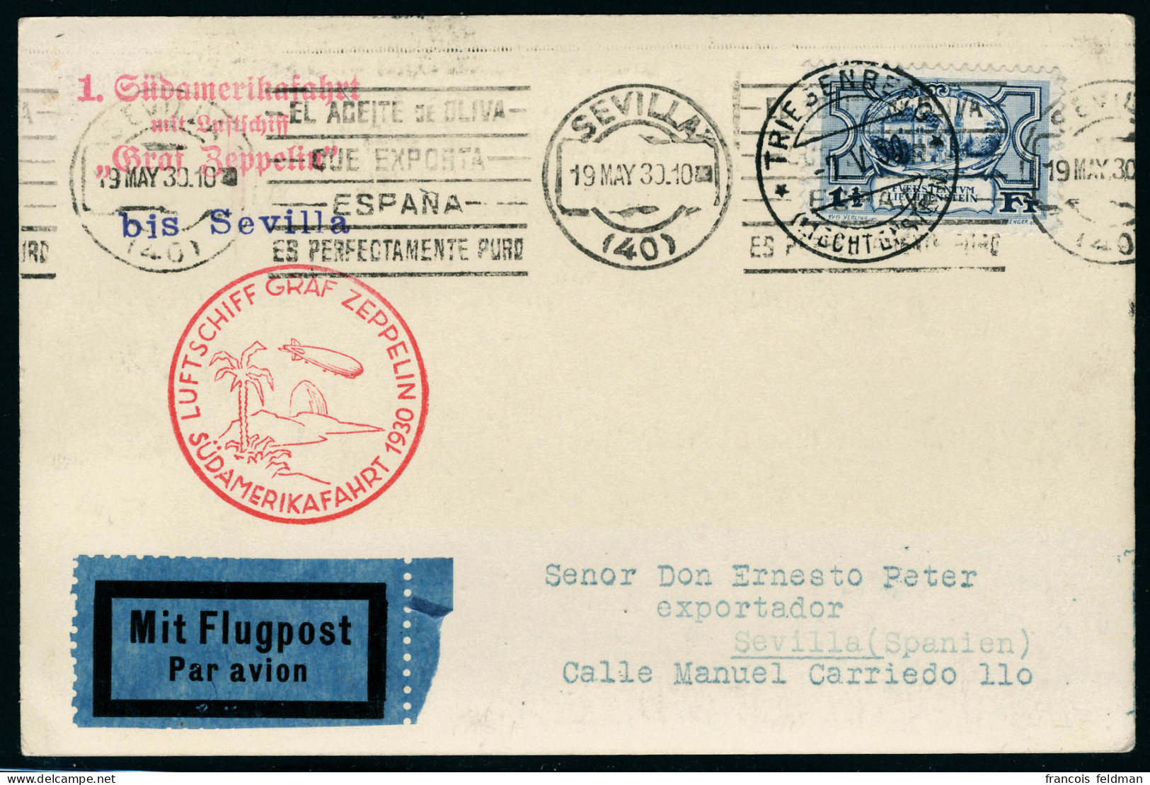 Lettre Zeppelin 1 SAF 1930, CP Illustrée Zeppelin Avec TP N° 71, Càd Triesenberg 7.V.30 Pour Séville Espagne, Arrivée 19 - Autres & Non Classés