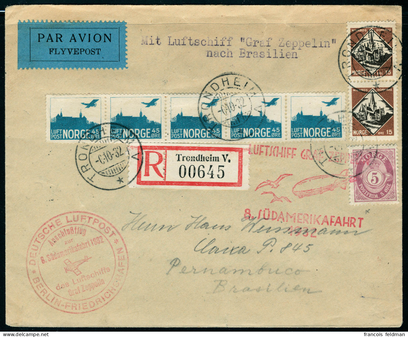 Lettre Zeppelin 8è SAF, LR De Trondheim 6.10.32, Pour Pernambuco, Au Verso Càd De Transit Berlin Sassnitz 8.10.32 Et Arr - Autres & Non Classés