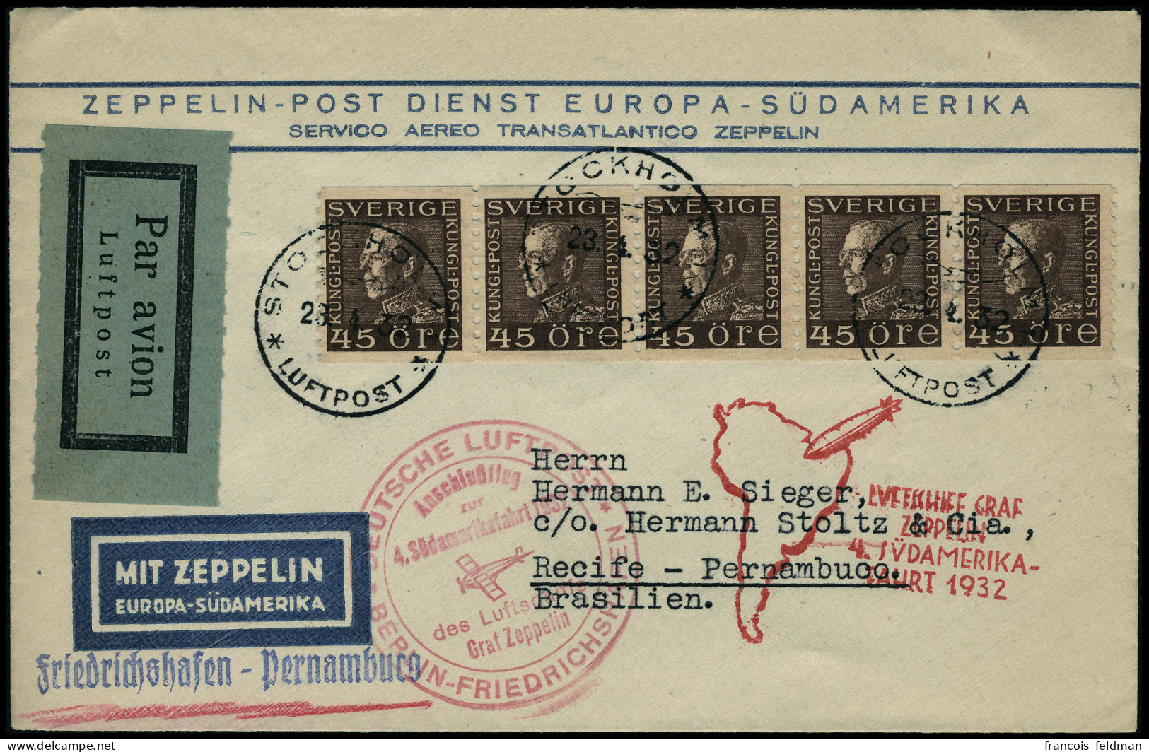 Lettre Zeppelin. 4. SAF 1932. Lettre CàD Stockholm 23.4.32. Cachet De Transit Berlin-Friedrichshafen Pour Recife. Arrivé - Autres & Non Classés