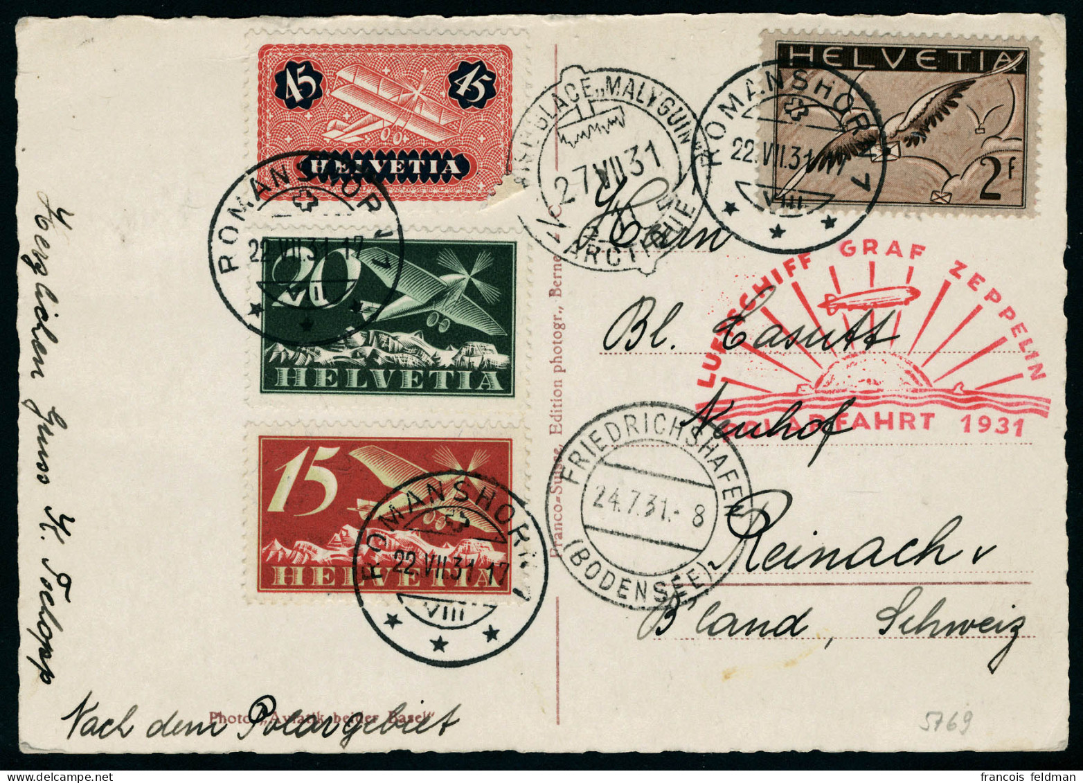 Lettre Zeppelin Polarfahrt 1931, CP Illustrée Càd Romanshorn 22.VII.31 Càd De Transit Friedrichshafen 24.7.31 Et Brise G - Autres & Non Classés