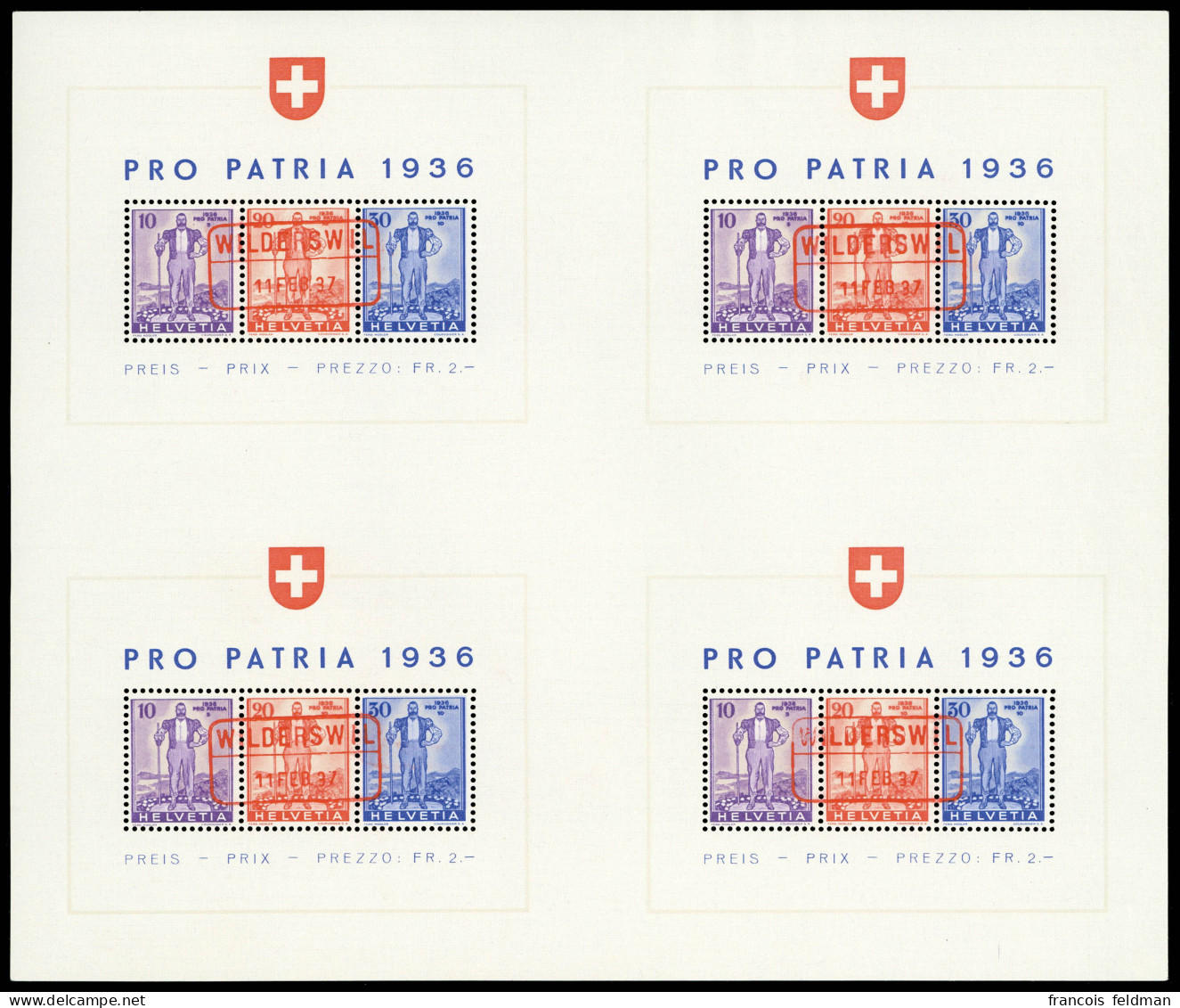 Oblitéré N° 2, Pro Patria 1936, Feuille De 4 Blocs Obl Wilderswill En Rouge 11.2.37 TB Cat Suisse 1600 CHF - Other & Unclassified