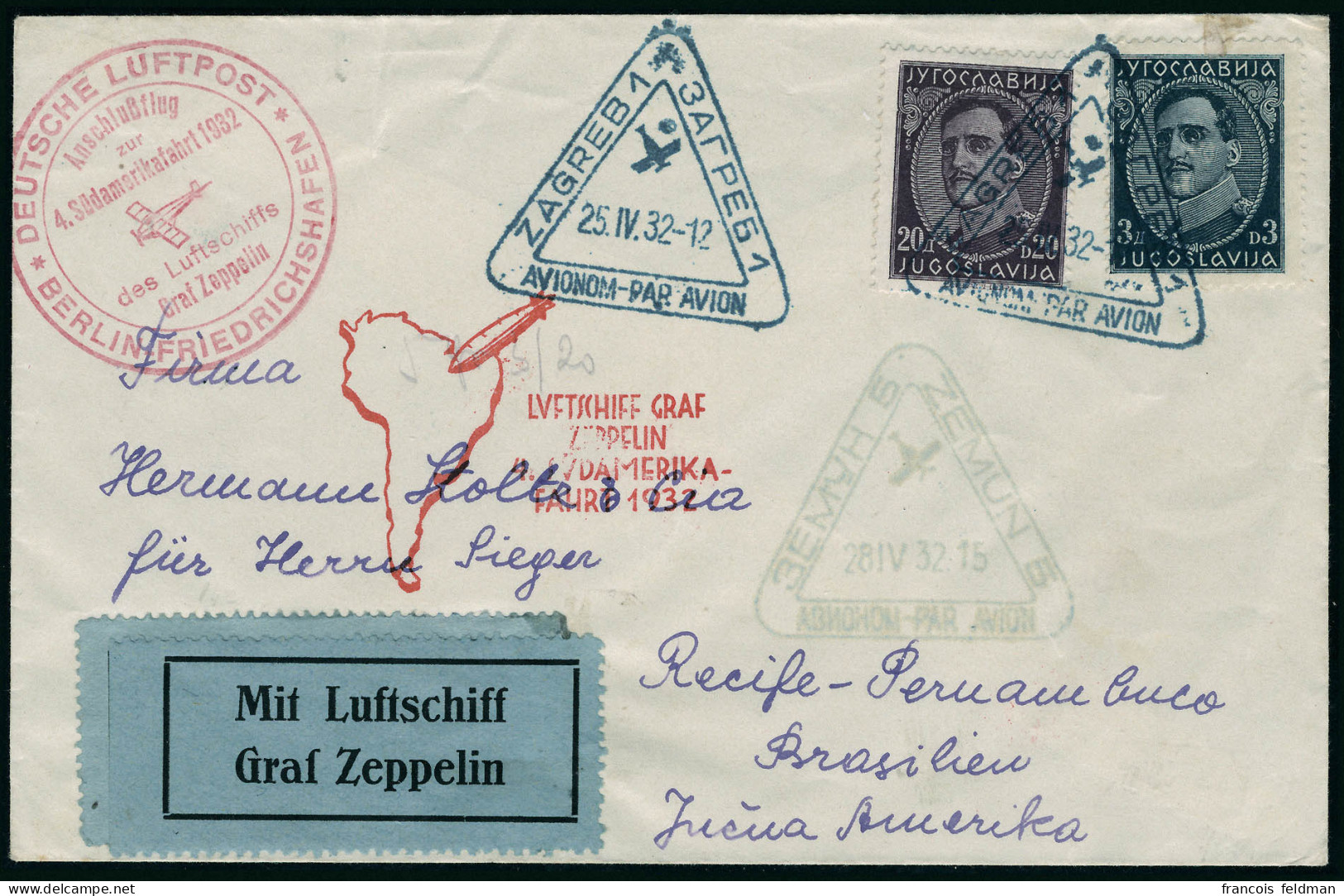 Lettre Zeppelin 4 SAF 1932. L. Avec Càd Illustré Zagreb 25 IV 32 + Cachet Illustré Berlin-Friedrichshafen Pour Recife (B - Autres & Non Classés