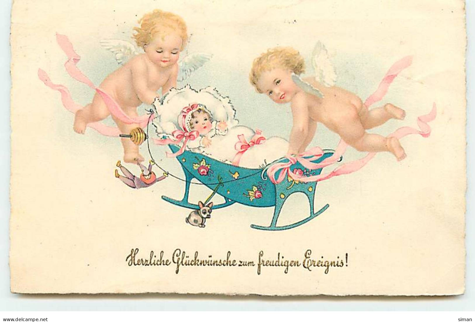 N°19844 - Herzliche Glückwünsche Zum Freudigen Ereignis - M Flatscher - Angelots Berçant Un Bébé - Naissance