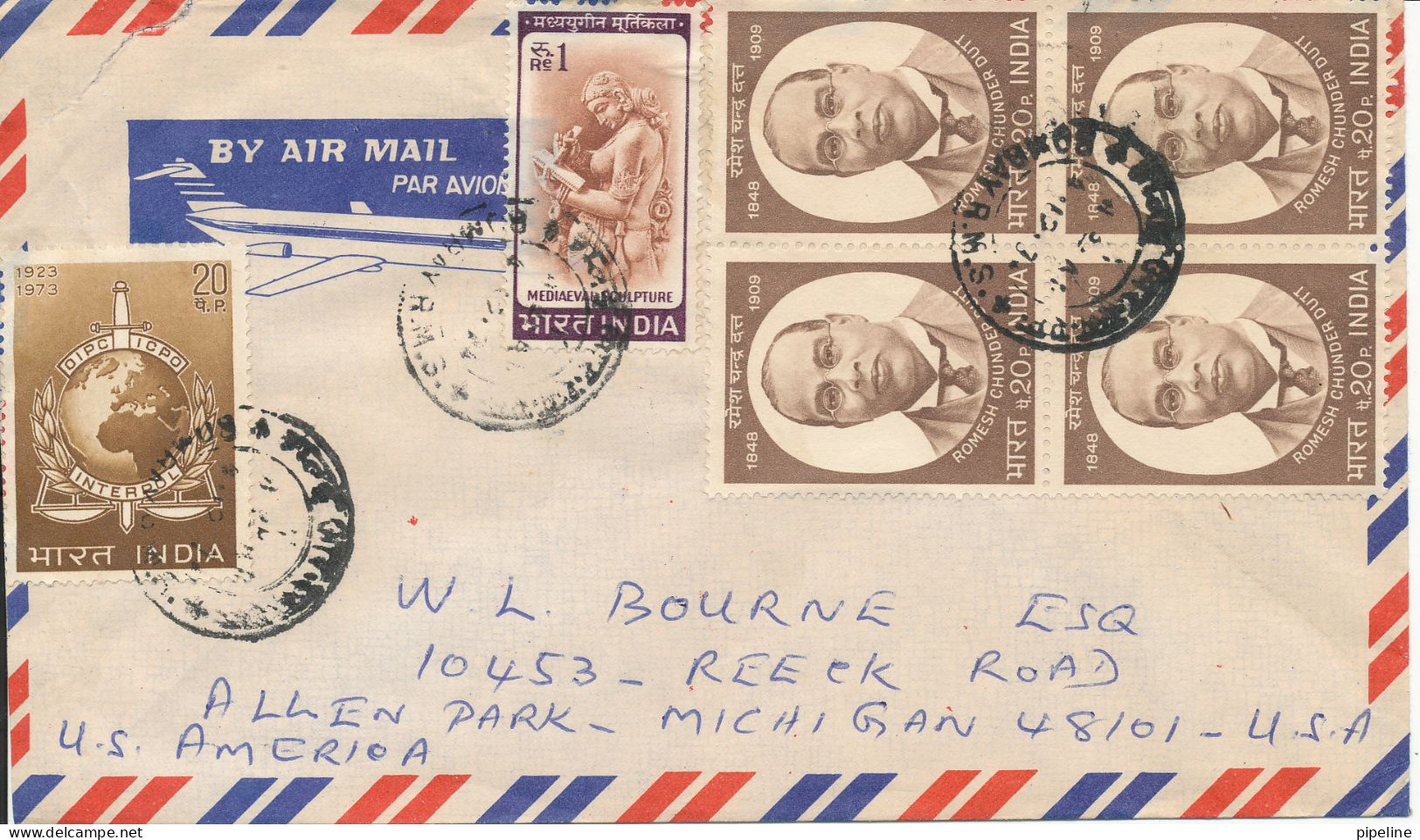 India Air Mail Cover Sent To USA 1974 With More Stamps Including MAP & INTERPOL - Poste Aérienne