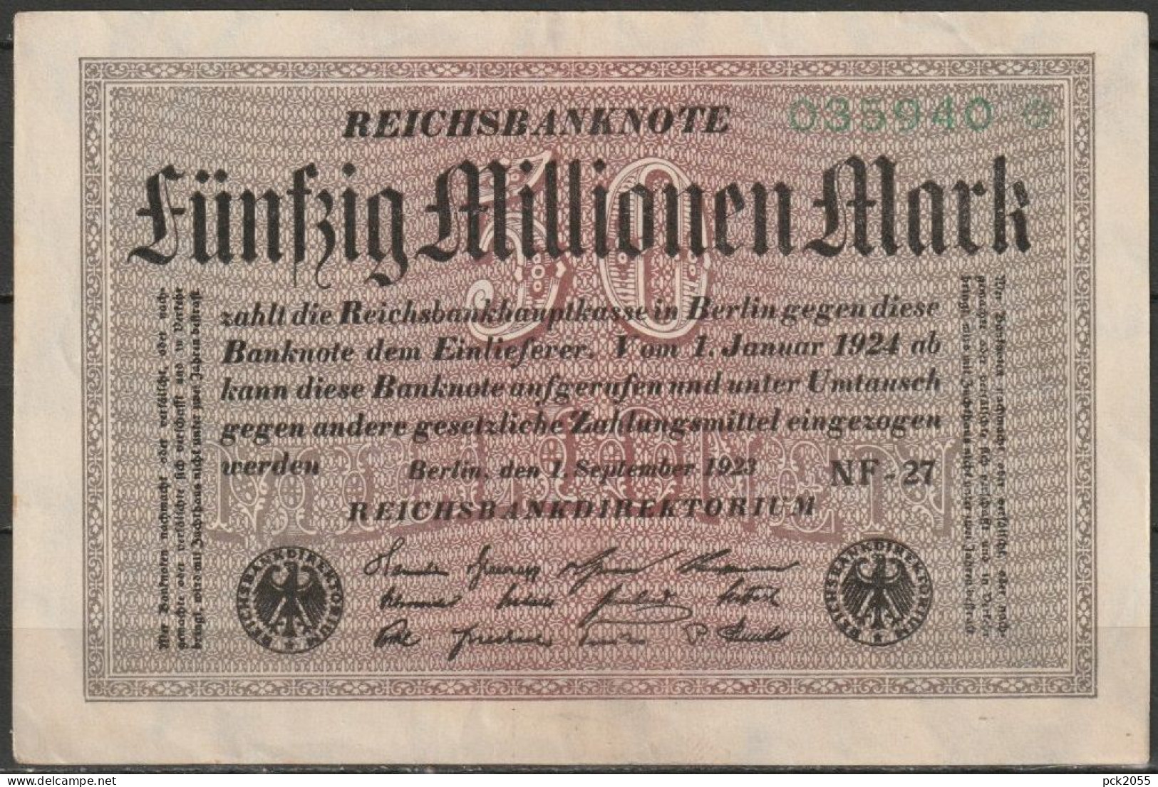 DR.50.000.000 Mark Reichsbanknote 1.9.1923 Ros.Nr.108e, P 109 ( D 6392 ) - 50 Miljoen Mark