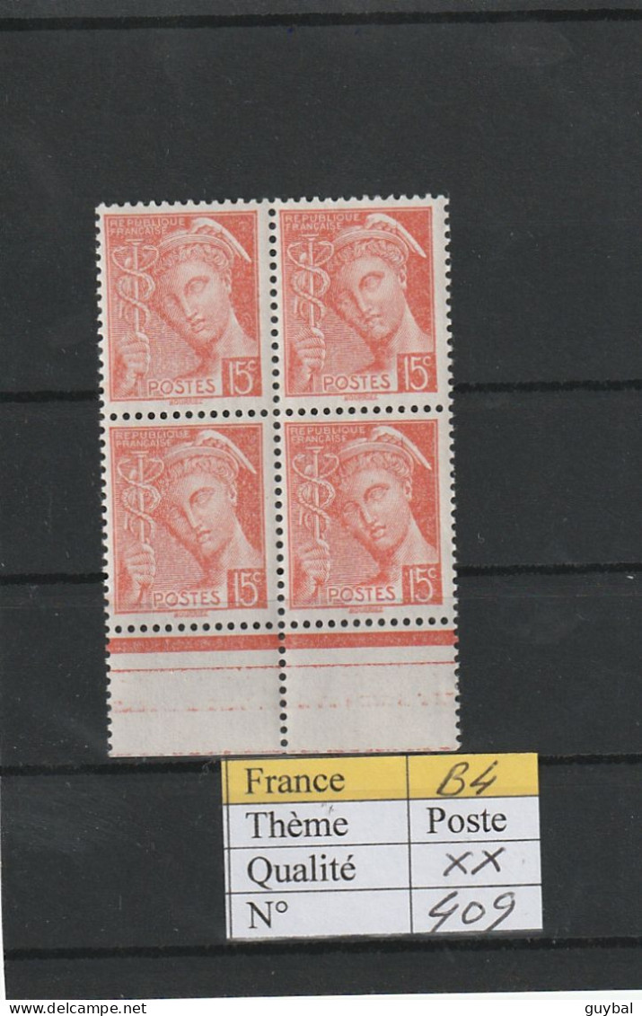 France - Type Mercure - 409** - Bloc De 4 - 1938-42 Mercure