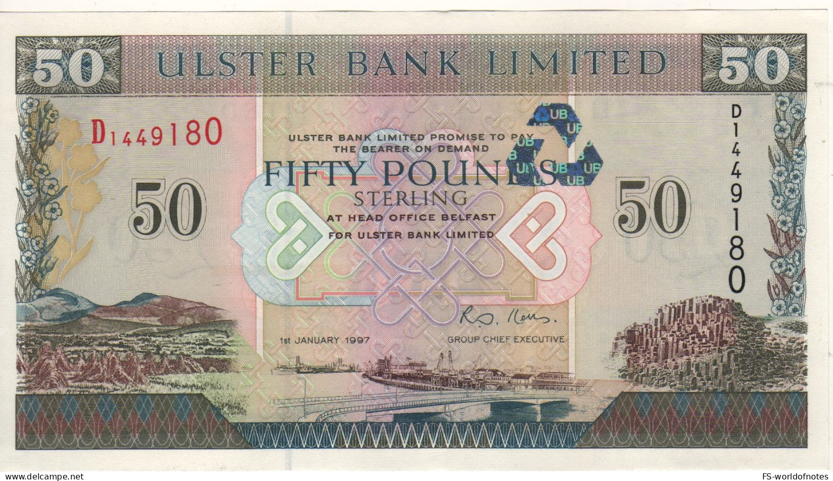 Northern IRELAND  £50  Pounds  P338  ULSTER Bank  Dated  01.07.19 ( Landscape Belfast At Front )  UNC - 50 Pounds