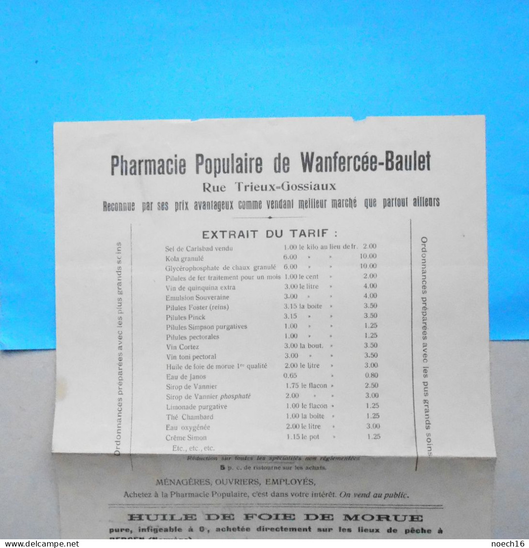 Tarif Pharmacie Populaire De Wanfercée-Baulet, Fleurus, 1912 - 1900 – 1949