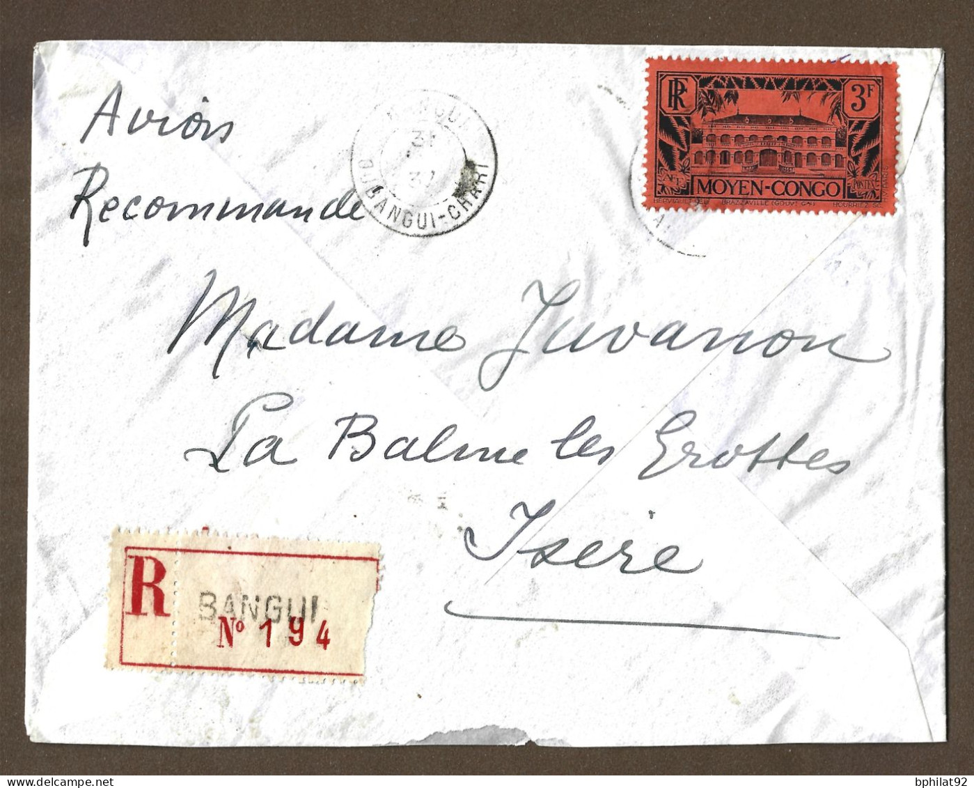 !!! LETTRE RECOMMANDÉE PAR AVION DE 1937, BEL AFFRANCHISSEMENT DE OUBANGUI-CHARI POUR LA FRANCE - Cartas & Documentos