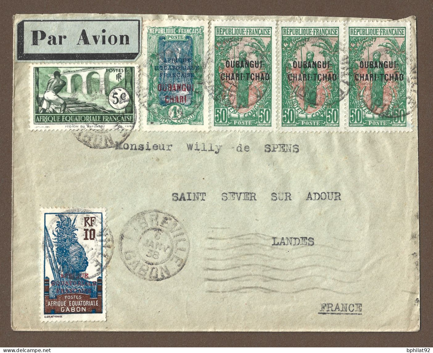 !!! LETTRE PAR AVION DE 1938, BEL AFFRANCHISSEMENT DU GABON POUR LA FRANCE, AVEC CACHETS DE DÉPART ET D'ARRIVÉE 1938/39 - Cartas & Documentos