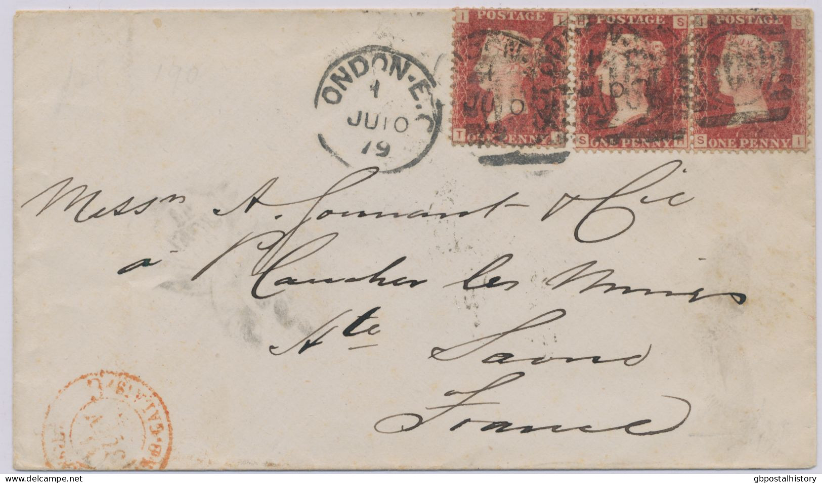 GB 1879, QV 1d Rose-red Pl.190 (3 X, SH-SI, TI) On Very Fine Cvr With Transit-CDS "ANGL. / AMB. CALAIS C" In Red, Barred - Brieven En Documenten