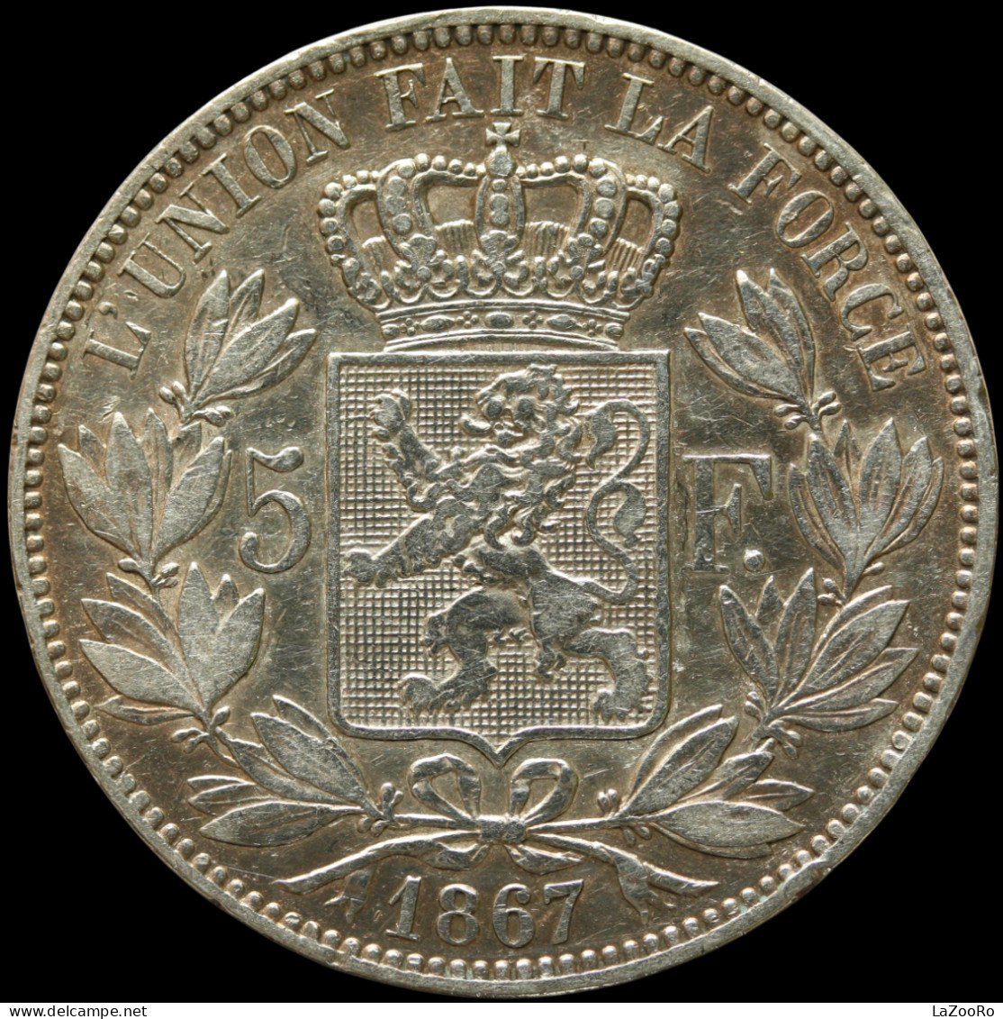 LaZooRo: Belgium 5 Francs 1867 VF / XF F. - Silver - 5 Francs