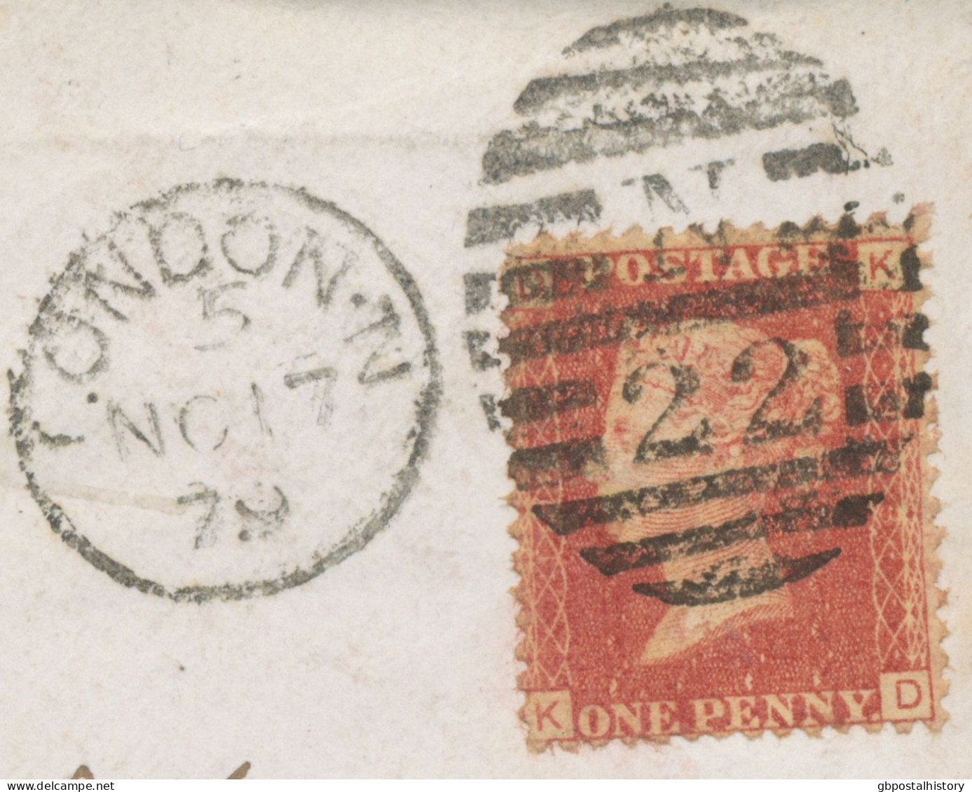 GB 1879, QV 1d Rose-red Pl.193 (KD) On Fine Cvr (bs Faults) With Barred Duplex-cancel "LONDON-N / N / 22" (Northern Dist - Lettres & Documents