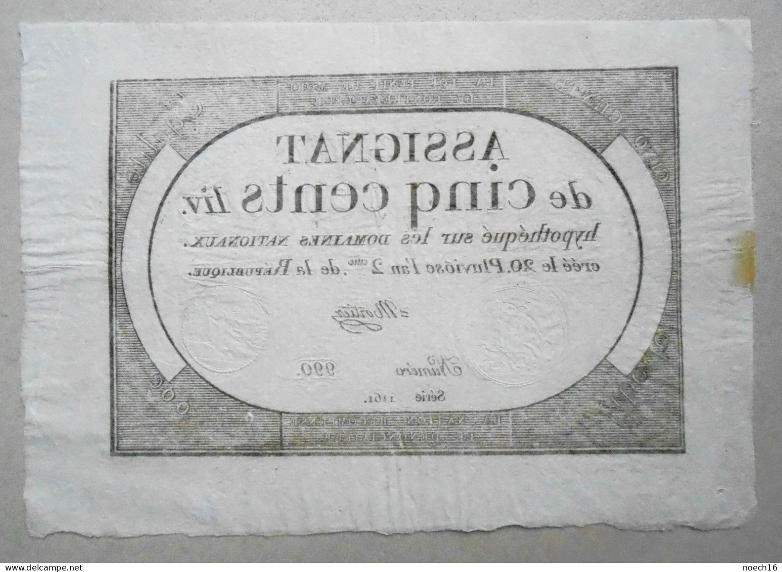 Assignat De Cinq Cent Livres (500) Série 1161, N°990. Signé Mortier. 20 Pluviôse L'an Deux De La République. - Assignats & Mandats Territoriaux