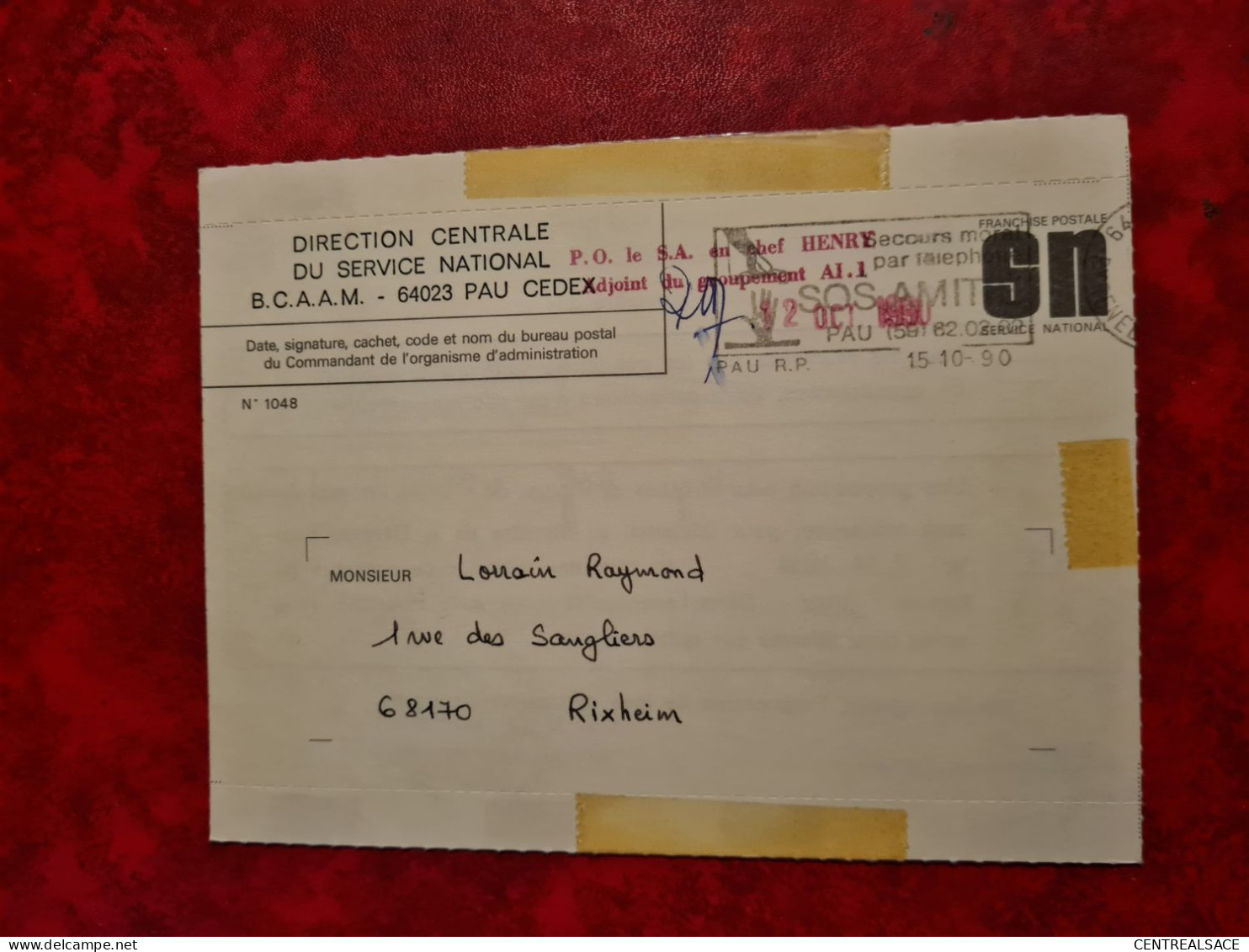 Lettre / Carte 1990 PAU DIRECTION DU SERVICE NATIONAL BCAAN P.O. LE S.A. EN CHEF HENRY POUR RIXHEIM - Other & Unclassified