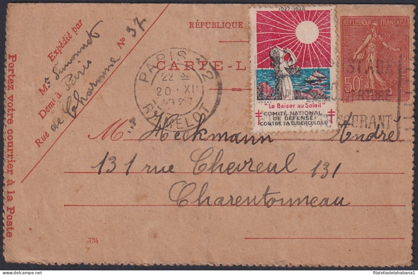 F-EX47689 FRANCE 1927 CINDERELLA KISS TO THE SUN USED POSTAL STATIONERY.  - Lettres & Documents