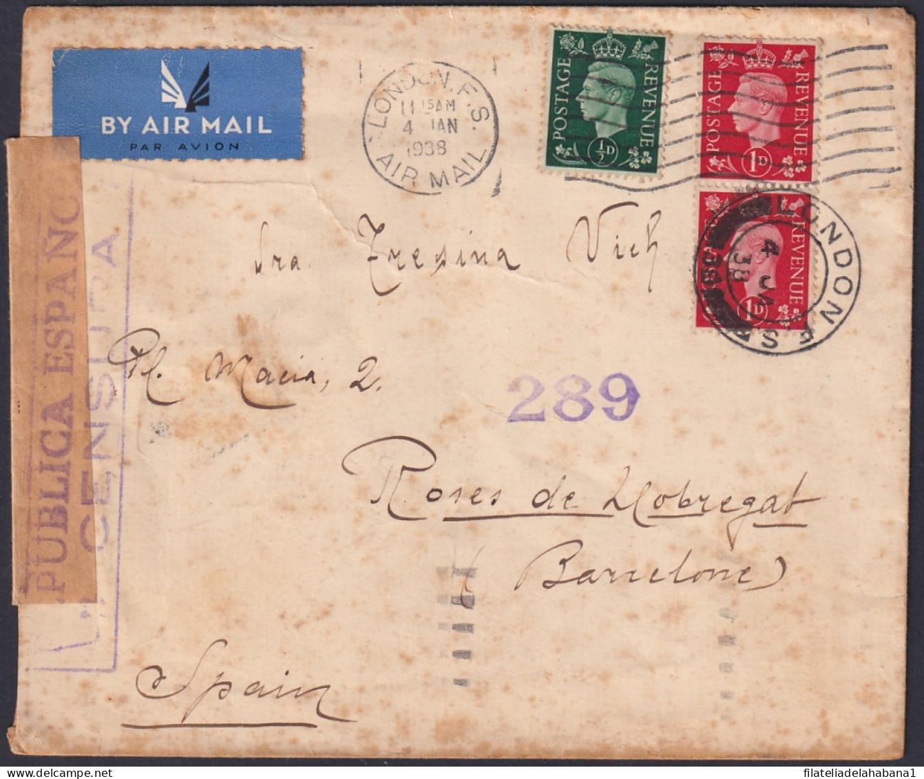 F-EX47693 ENGLAND UK 1938 CENSORHIP COVER IN BARCELONA SPAIN.  - Storia Postale