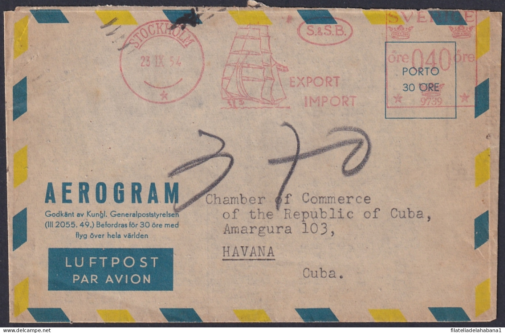F-EX47709 SWEDEN SVERIGE SUEDE 1954 S & S.B SPECIAL ILLUSTRATED RED CANCEL SHIP.  - Lettres & Documents