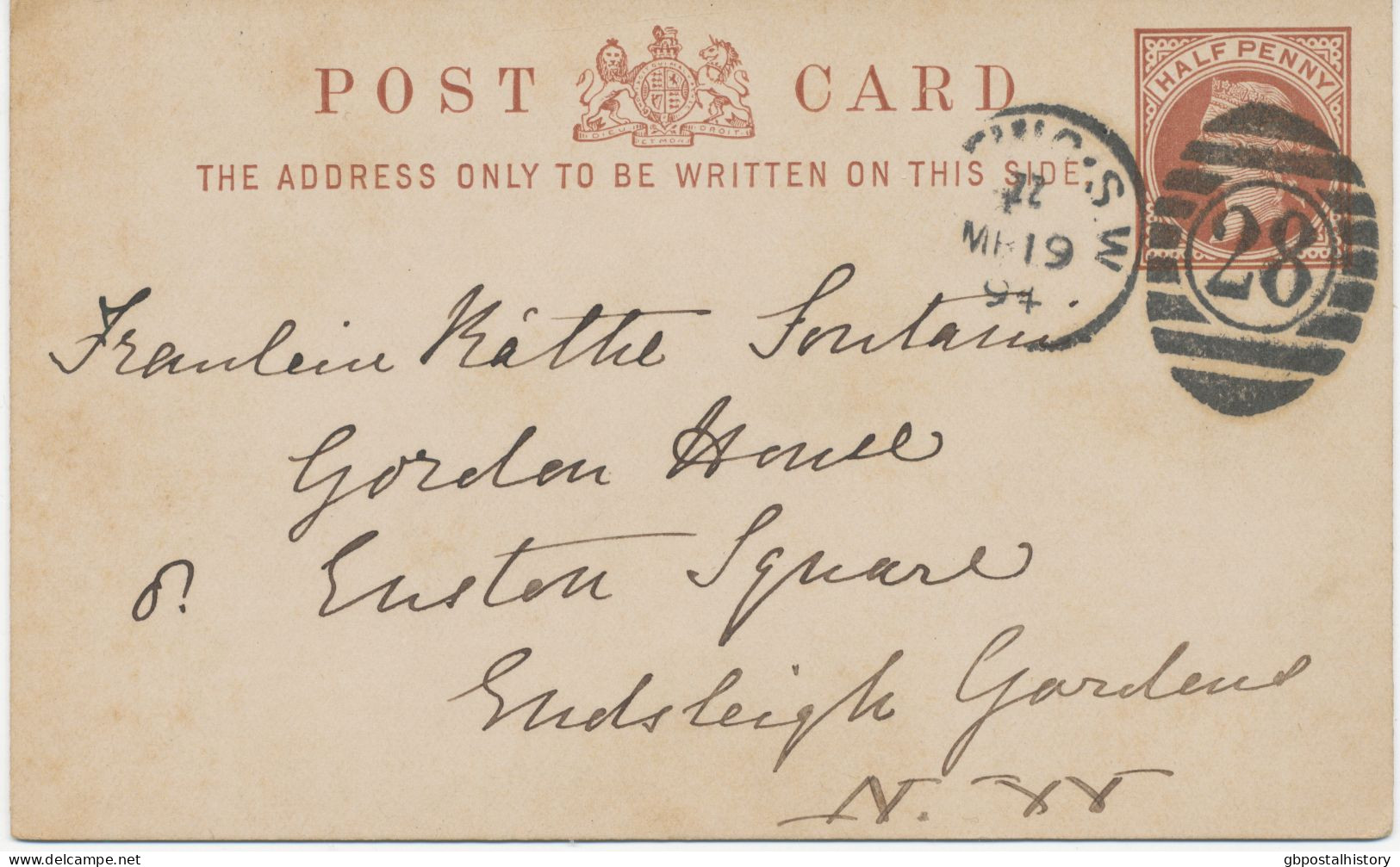 GB 1894, QV ½d Brown Superb Fine Thick Postcard With Rare (not Complete) Barred Duplex-cancel "TOOTING-S.W. / 28" (South - Covers & Documents
