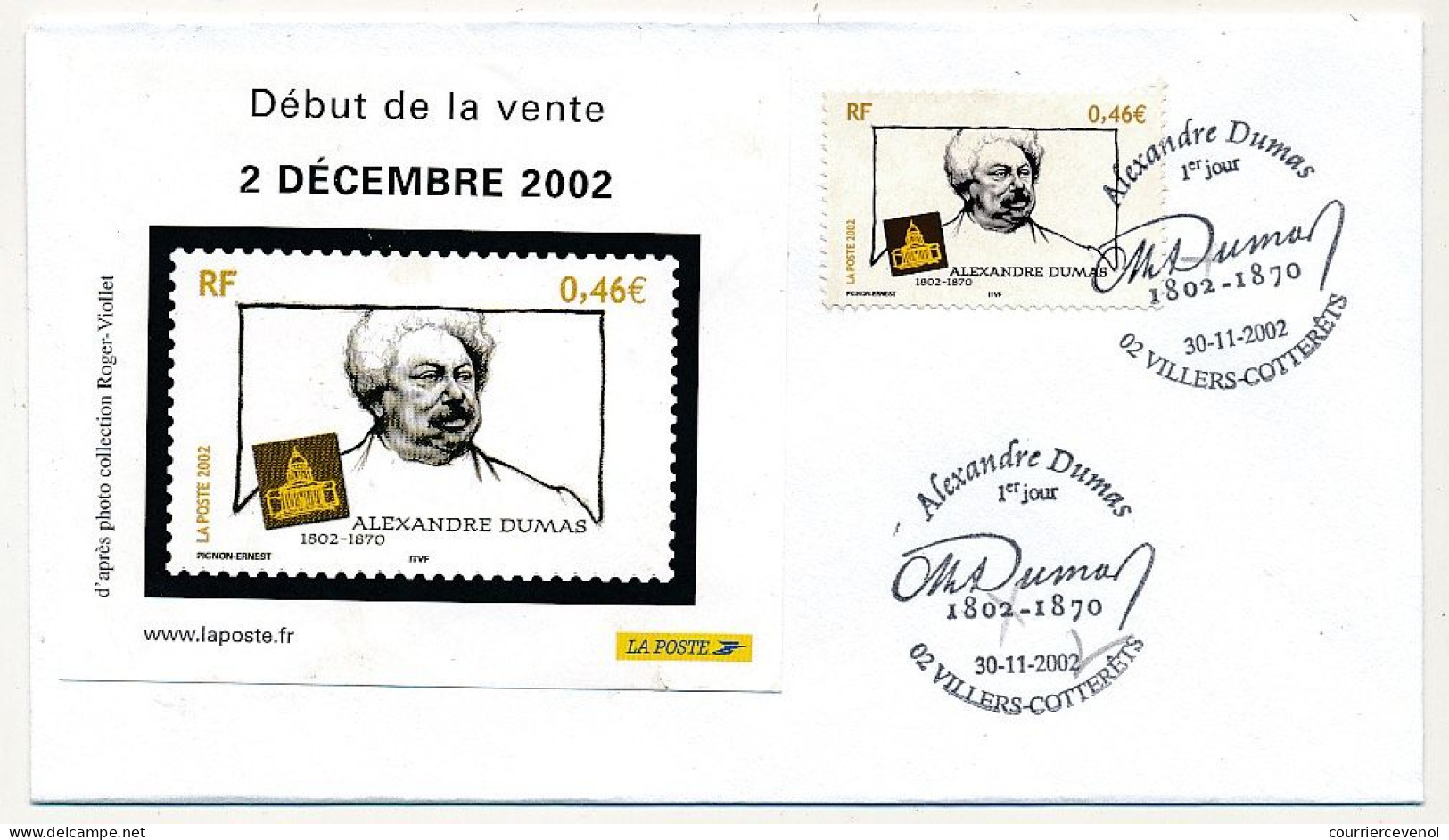 FRANCE - 2 Env. 0,46e Alexandre Dumas - Paris Et 02 Villers-Cotterets - 30/11/2002 - 2000-2009