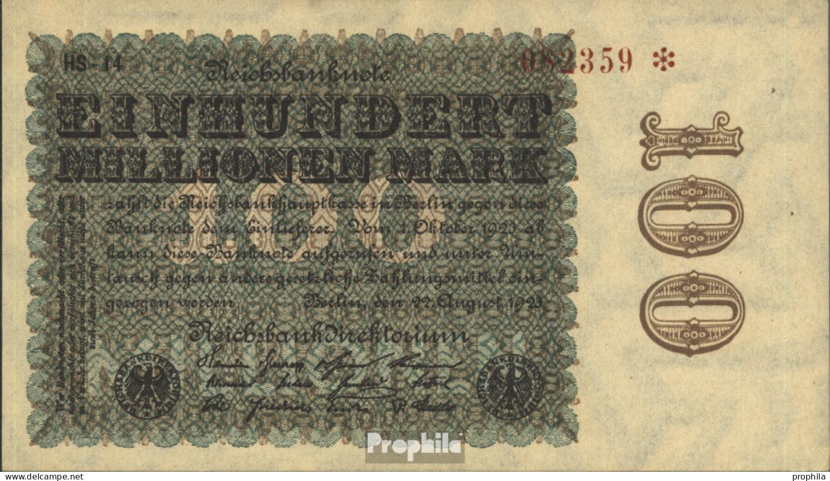 Deutsches Reich Rosenbg: 106l, Wasserzeichen Hakensterne Braune KN, Schwarzes FZ Bankfrisch 1923 100 Millionen Mark - 100 Mio. Mark