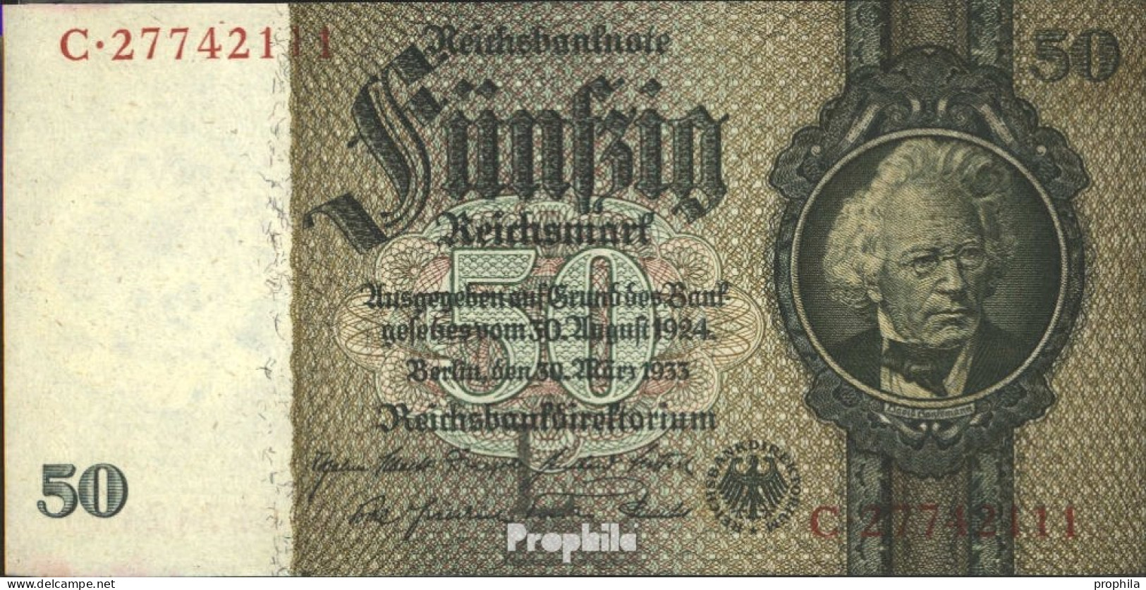 Deutsches Reich Rosenbg: 175c, Udr.- Bst. L, Serien: A-G, KN 8stellig Gebraucht (III) 1933 50 Reichsmark - 50 Mark