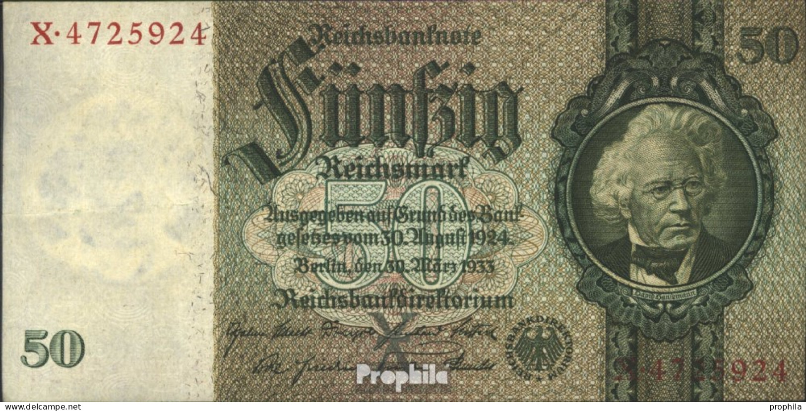 Deutsches Reich Rosenbg: 175a, Udr.-Bst.: X, Serien: V-Z, KN 7-stellig Gebraucht (III) 1933 50 Reichsmark - 50 Reichsmark