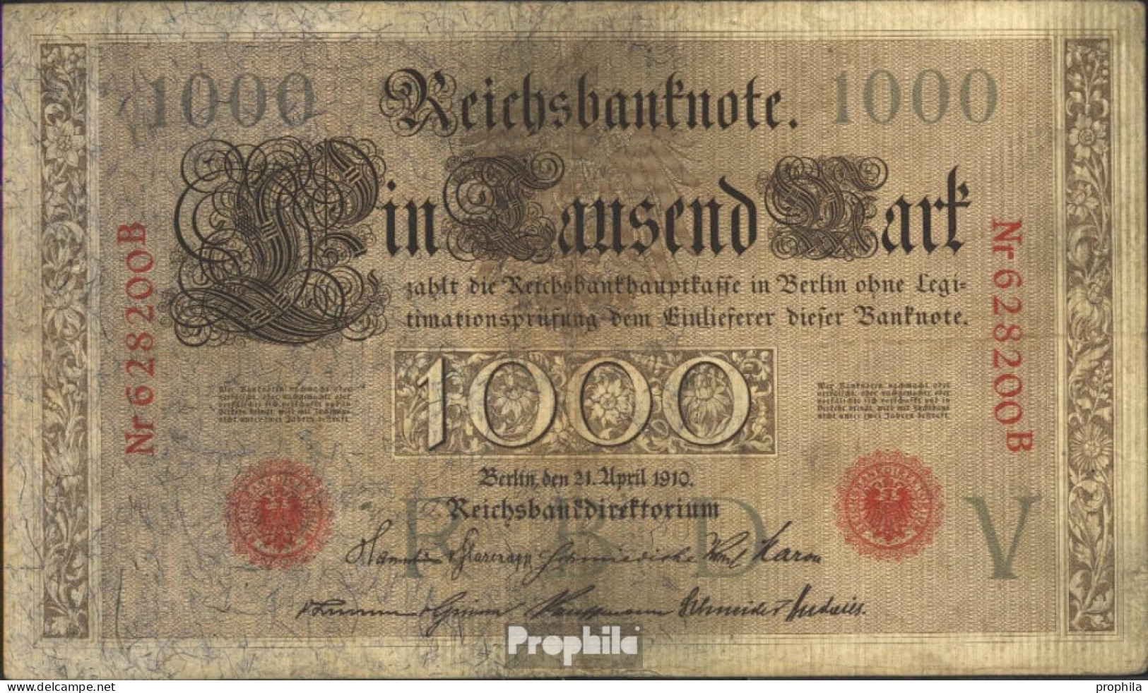 Deutsches Reich Rosenbg: 45a, Rotes Siegel 6stellige Kontrollnummer Gebraucht (III) 1910 1.000 Mark - 1.000 Mark