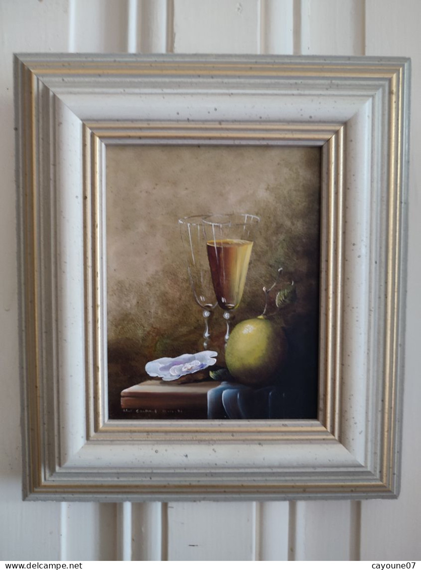 Robert CACHARD (XXème)  "Nature Morte Aux Verres Citron Et Huître" Miniature Huile Sur Carton 1996 - Huiles