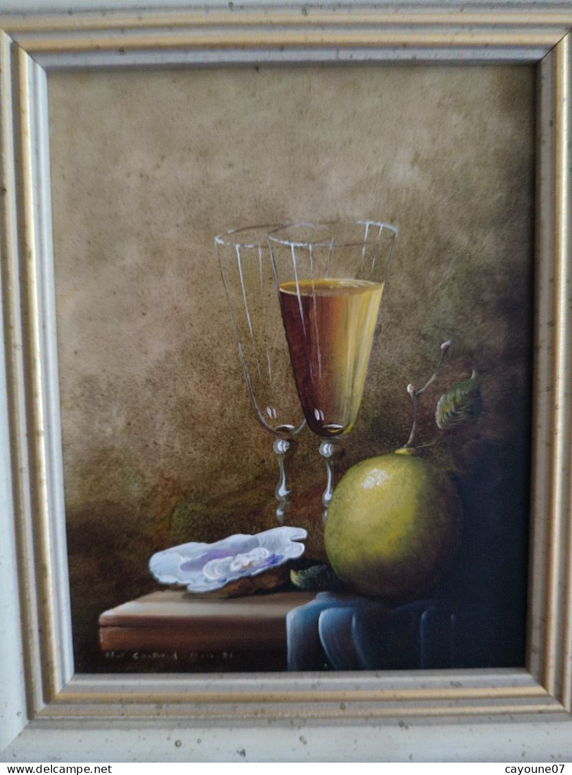 Robert CACHARD (XXème)  "Nature Morte Aux Verres Citron Et Huître" Miniature Huile Sur Carton 1996 - Oils