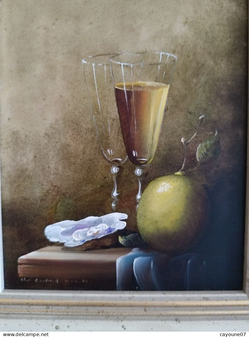 Robert CACHARD (XXème)  "Nature morte aux verres citron et huître" miniature huile sur carton 1996