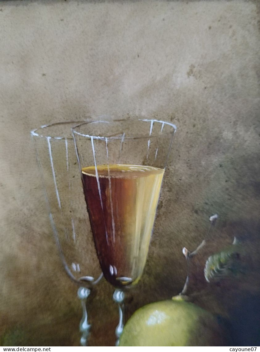 Robert CACHARD (XXème)  "Nature morte aux verres citron et huître" miniature huile sur carton 1996