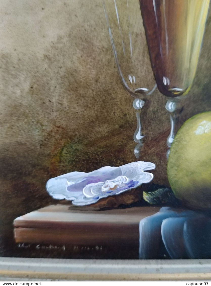 Robert CACHARD (XXème)  "Nature morte aux verres citron et huître" miniature huile sur carton 1996