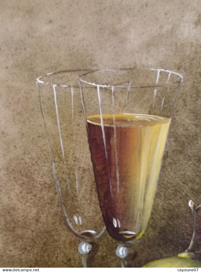 Robert CACHARD (XXème)  "Nature morte aux verres citron et huître" miniature huile sur carton 1996