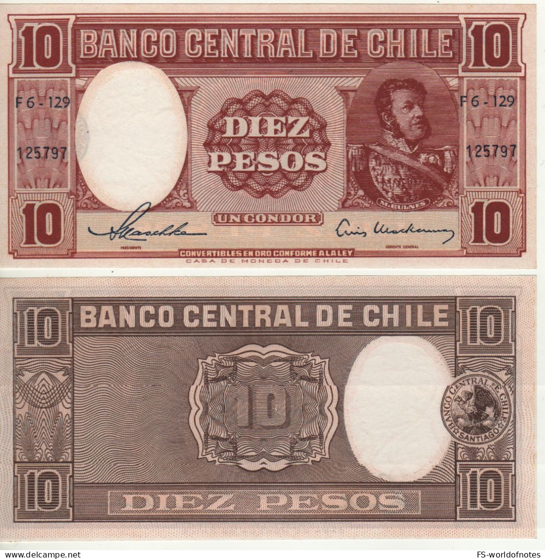 CHILE  10 Pesos   P120  ( ND  1958-59   Manuel Bulnes   At Right )   UNC - Chile