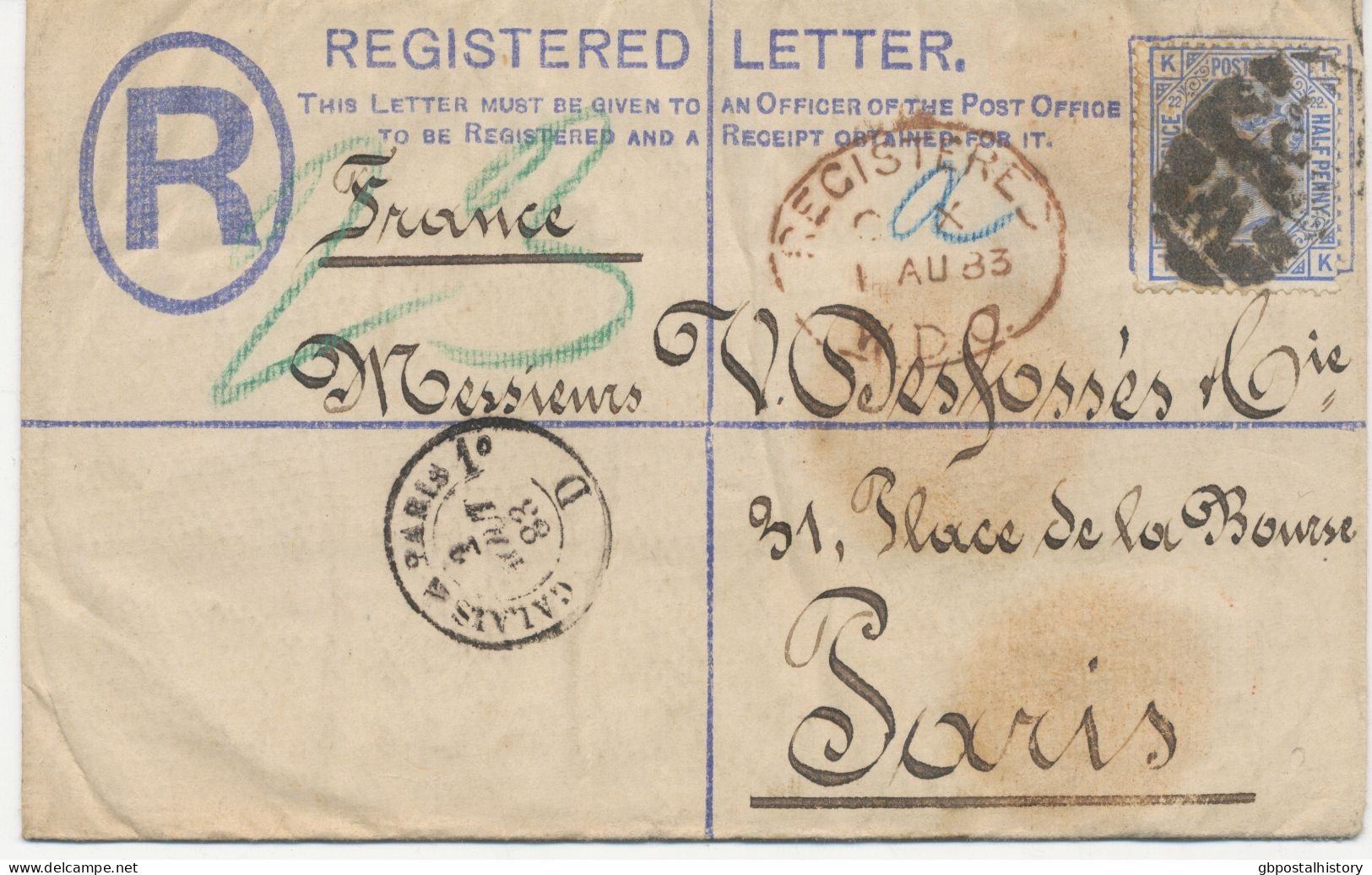 GB 1883, QV 2d Blue Very Fine Registered Letter (RP13) Together With 2½d Blue Pl.22 (TK) With Railway-cancel "PARIS A CA - Brieven En Documenten