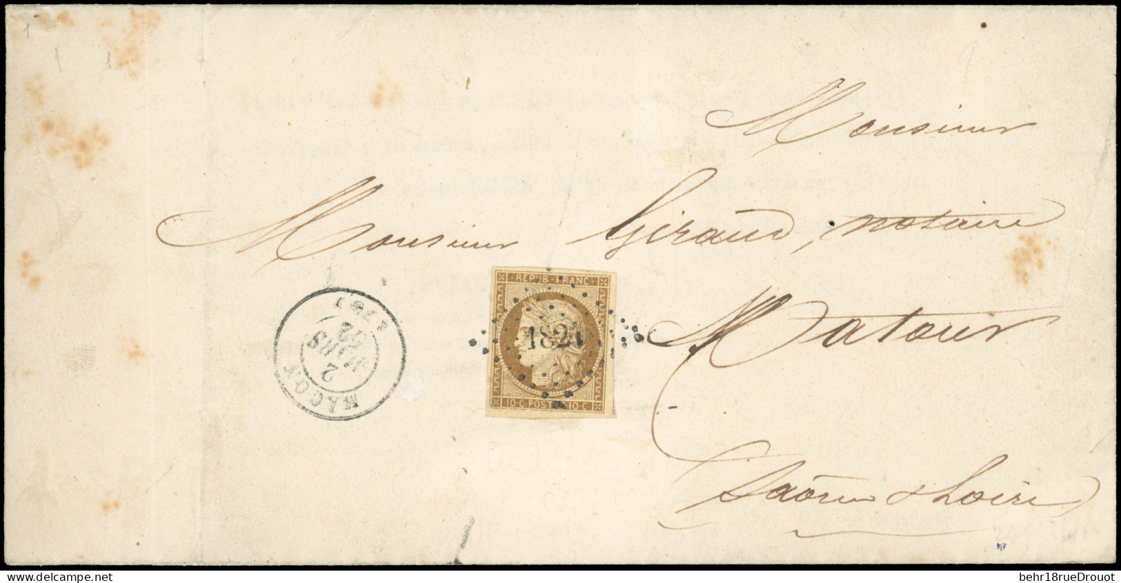 Obl. 1 -- 10c. Bistre-jaune Obl. PC 1821 S/lettre Frappée Du CàD De MACON Du 2 Mars 1852 à Destination De MATOUR - SAONE - 1849-1850 Ceres