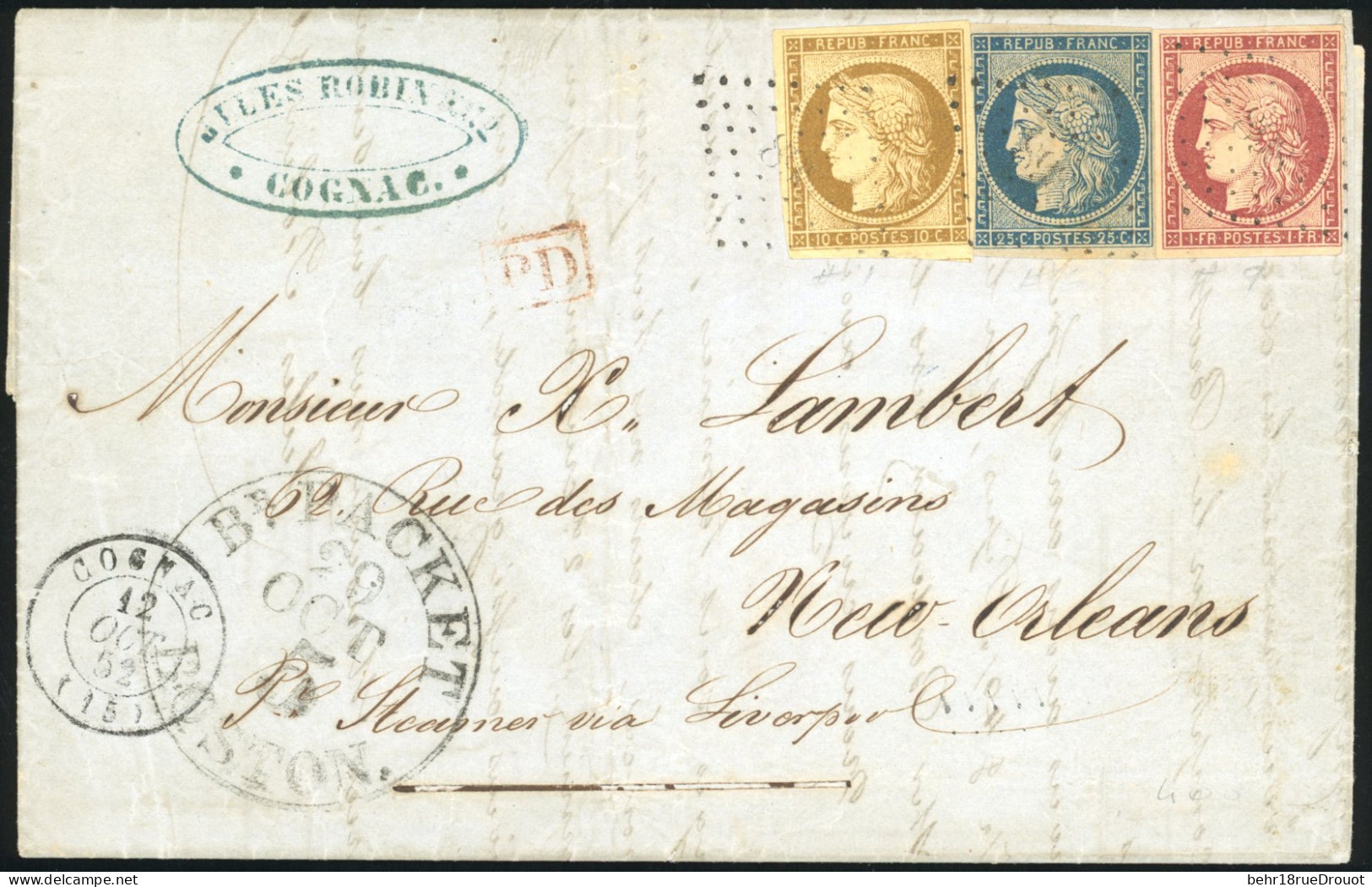 Obl. 1+ 4 + 6 -- 10c. Bistre-jaune + 25c. Bleu + 1F. Carmin Obl PC S/lettre Frappée Du CàD De COGNAC Du 12 Octobre 1852  - 1849-1850 Ceres