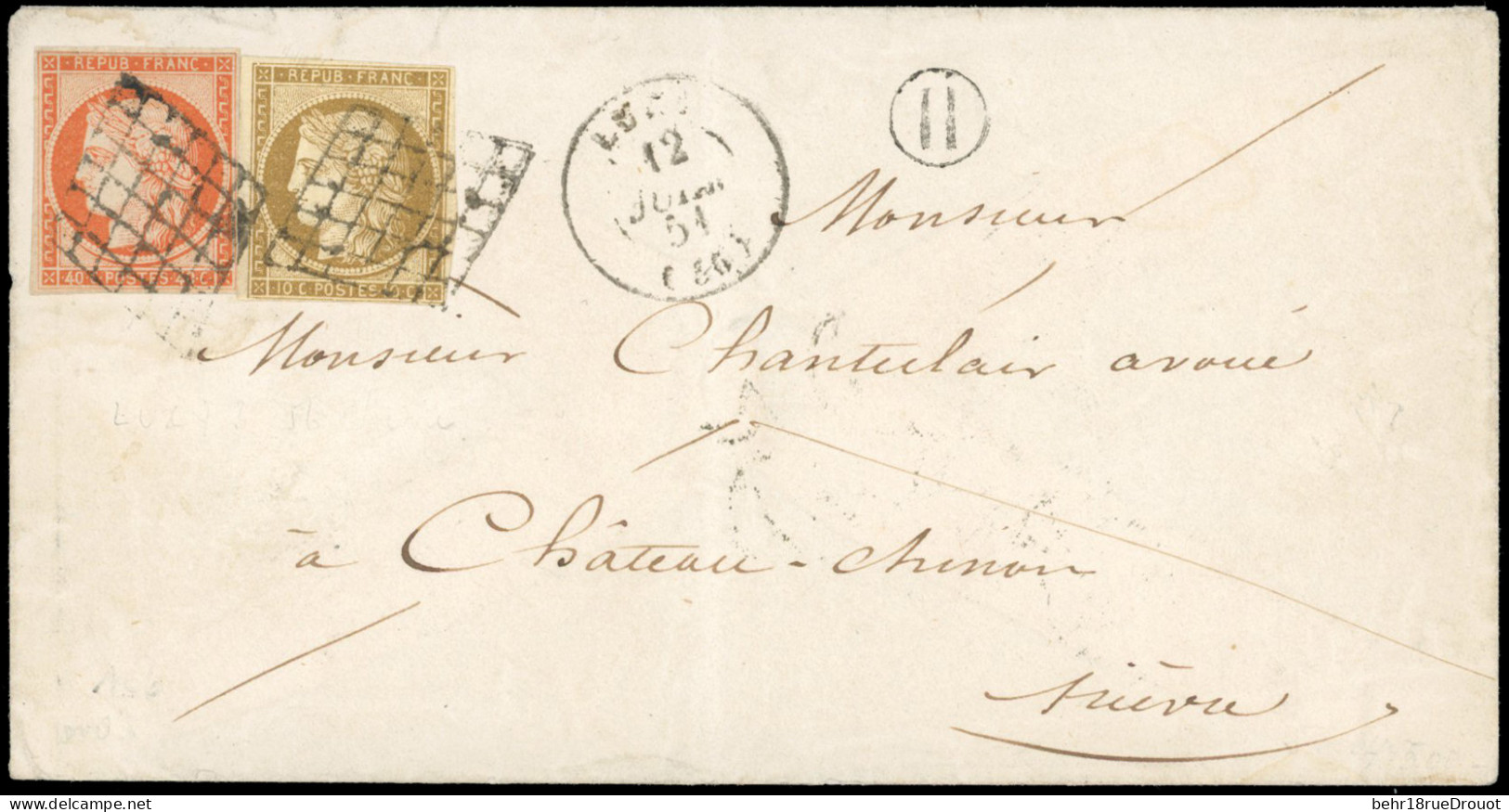 Obl. 1 + 5 -- 10c. Bistre-jaune + 40c. Orange Obl. Grille S/lettre Frappée Du CàD De LUZY Du 12 Juin 1851 à Destination  - 1849-1850 Ceres