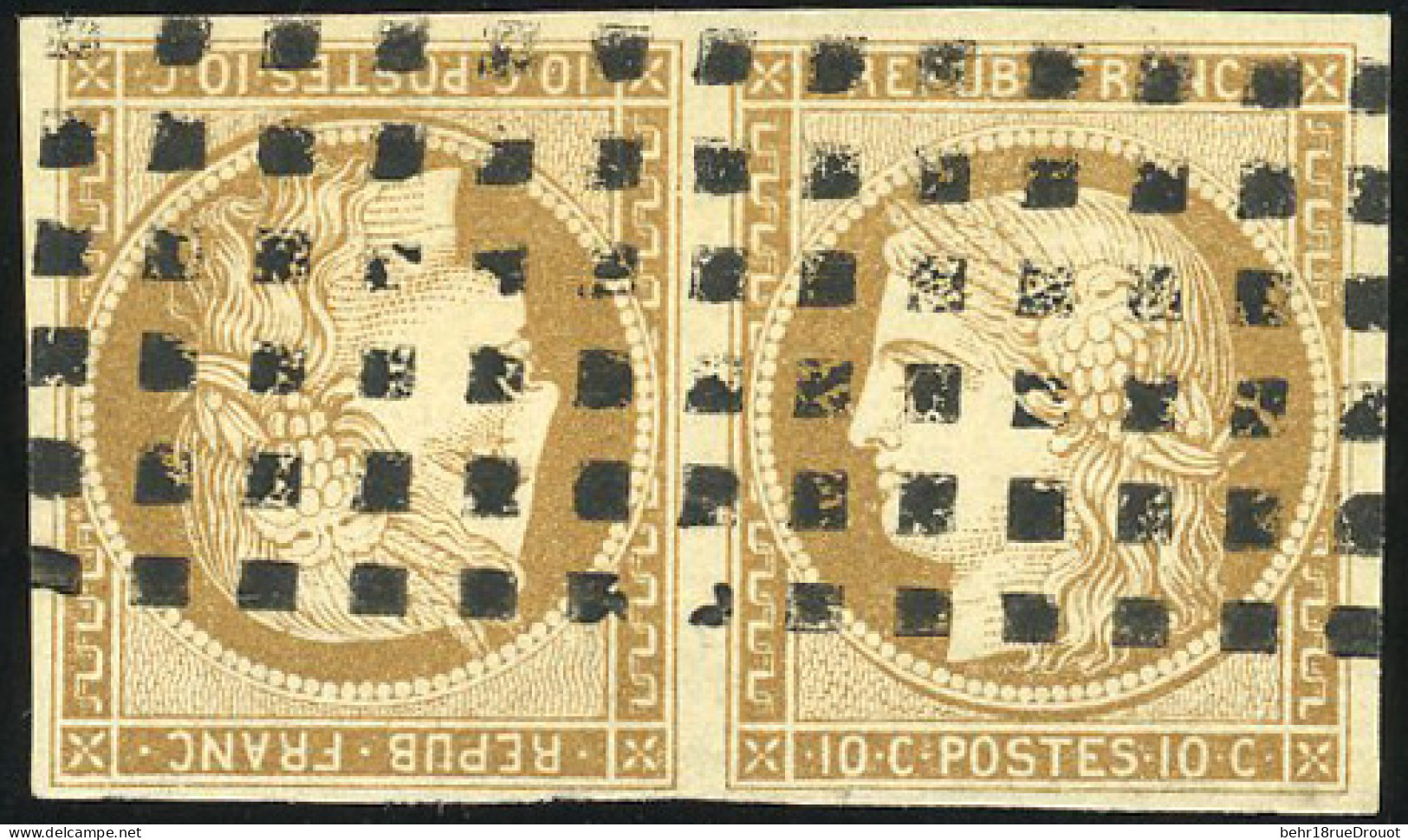 Obl. 1d -- Paire Tête-bêche Du 10c. Bistre-jaune. Obl. Gros Points. SUP. R. - 1849-1850 Cérès