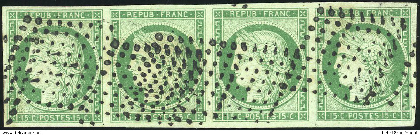 Obl. 2 -- Bande De 4 Du 15c. Vert. Obl. Losanges Petits Points. SUP. - 1849-1850 Cérès