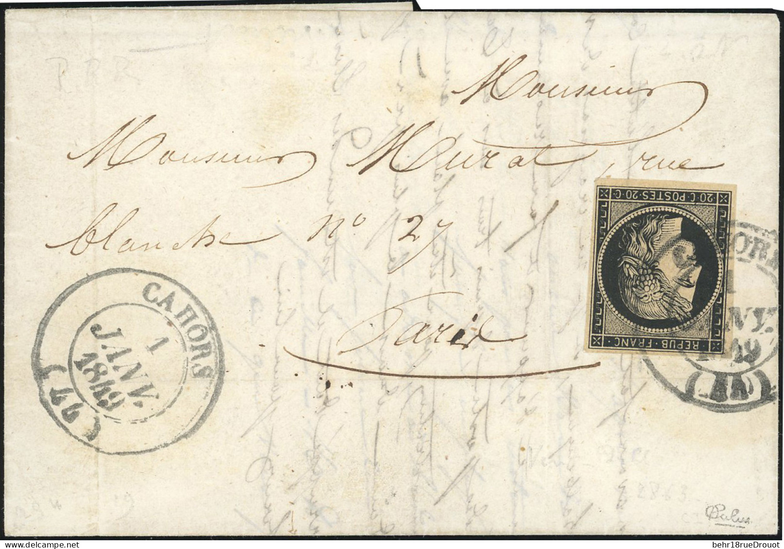 Obl. 3 -- 20c. Noir S/jaune Obl. S/lettre Frappée Du Cachet Type 14, Moyen De CAHORS Du 1er Janvier 1849 à Destination D - 1849-1850 Ceres