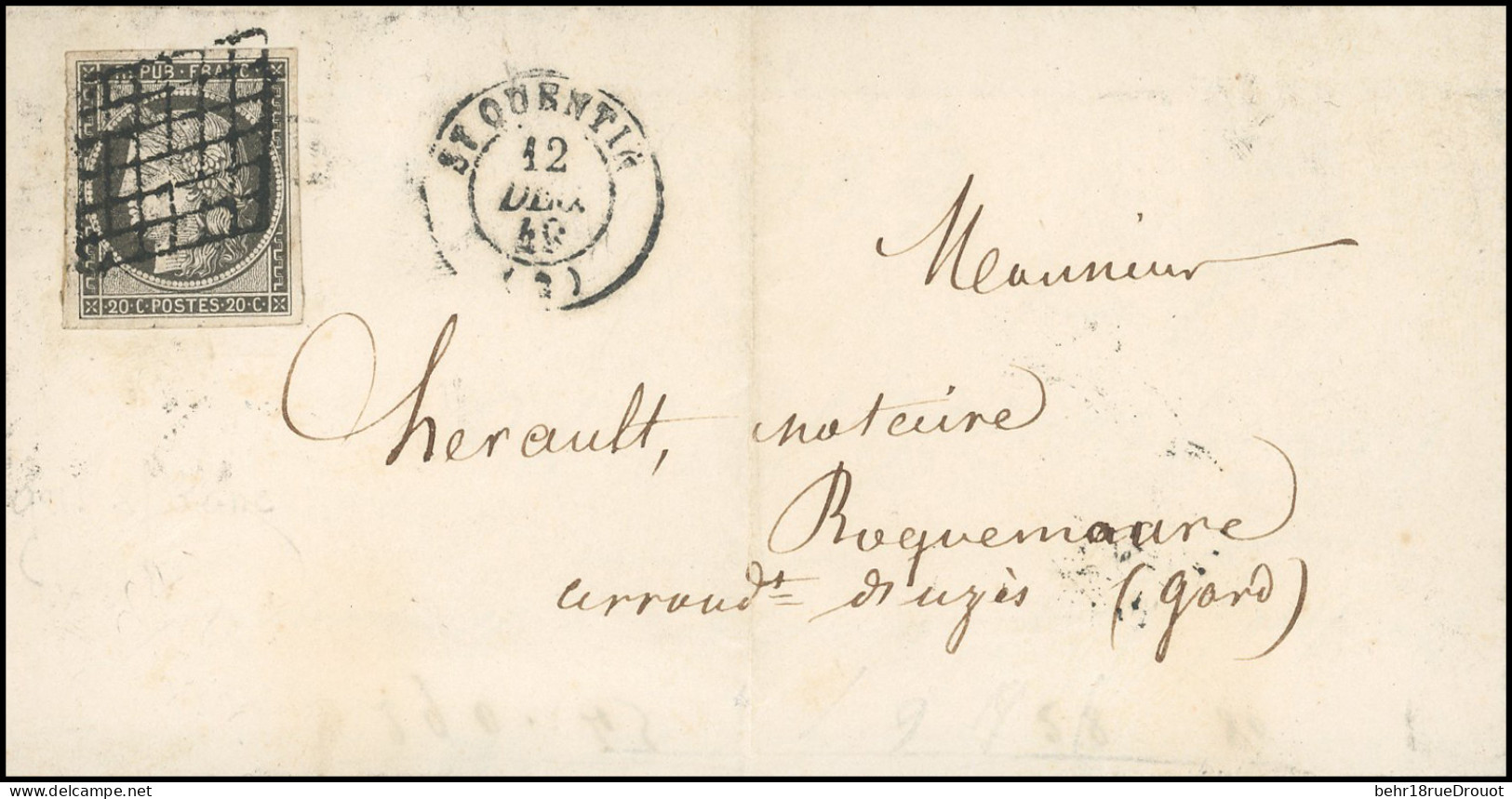 Obl. 3i -- 20c. Gris, Nuance Exceptionnelle, Obl. Grille S/lettre Frappée Du CàD De ST-QUENTIN Du 12 Décembre 1849 à Des - 1849-1850 Ceres