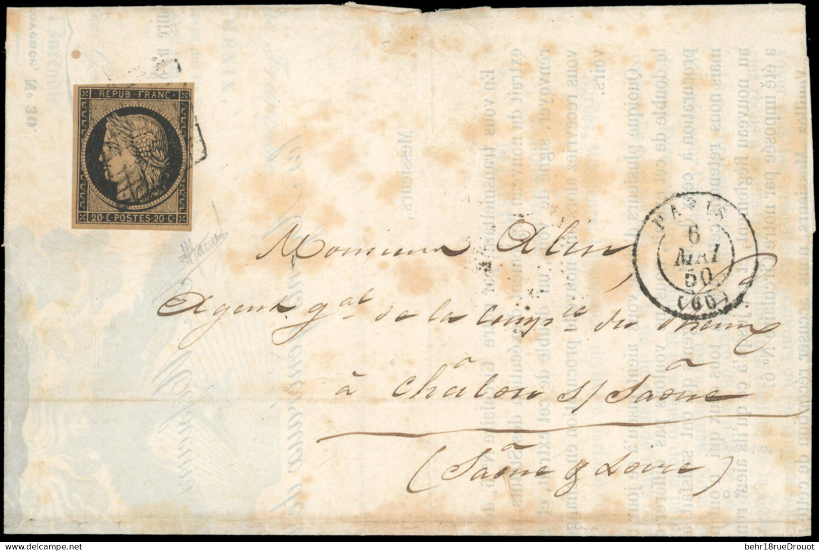 Obl. 3g -- 20c. Noir S/chamois Très Foncé Obl. S/lettre Frappée De PARIS Du 6 Mai 1850 à Destination De CHALON-SUR-SAONE - 1849-1850 Cérès