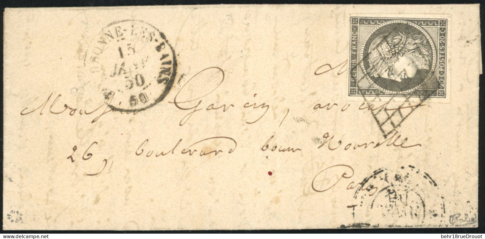 Obl. 3i -- 20c. Gris Obl. Grille S/lettre Frappée Du CàD De BOURBONNE-LES-BAINS Du 15 Janvier 1850 à Destination De PARI - 1849-1850 Ceres
