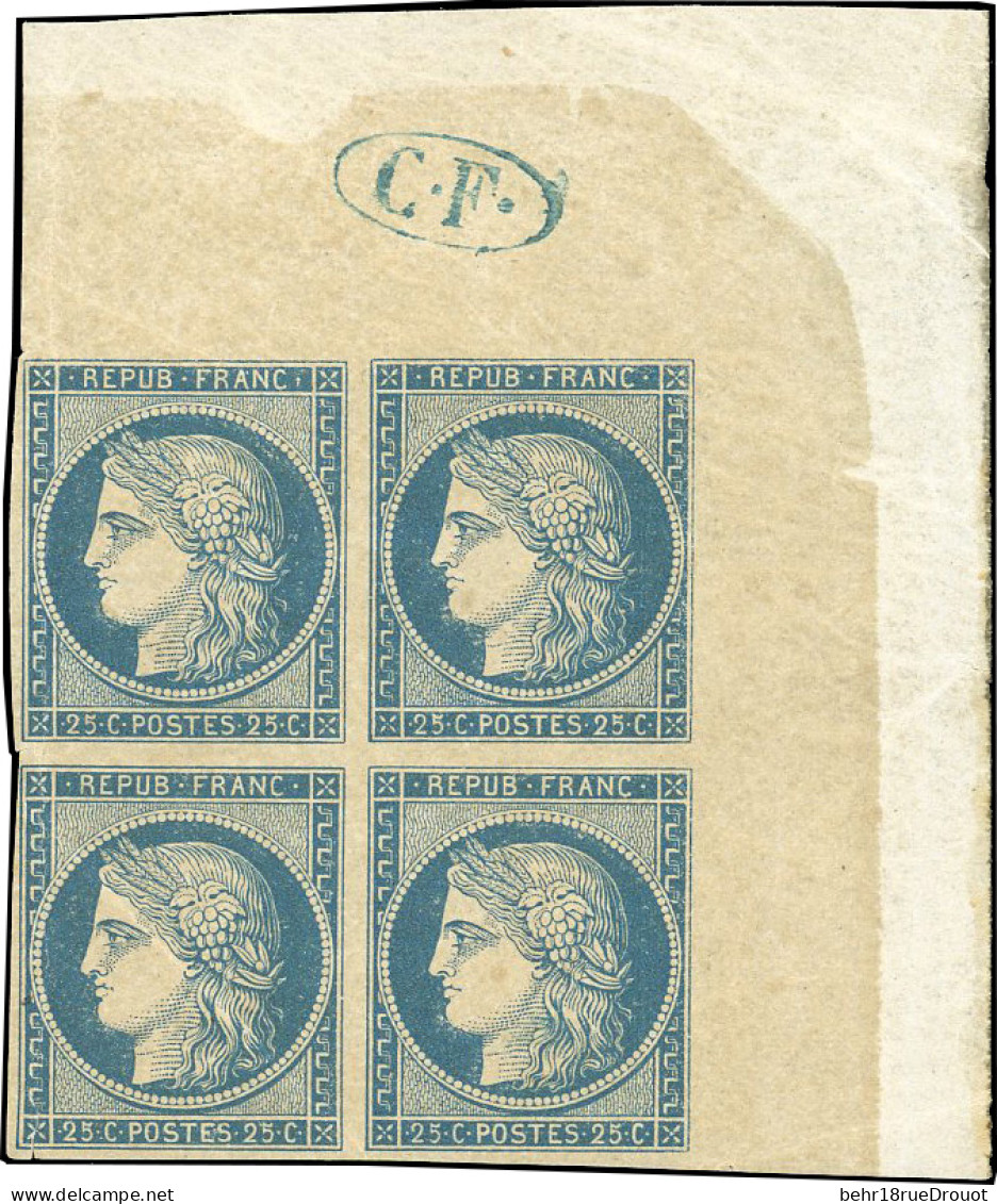 ** 4 -- 25c. Bleu. Bloc De 4. Coin De Feuille Avec Cachet ''C.F.''. Petite Fente Sur Timbre Inférieur Gauche. Superbe D' - 1849-1850 Cérès