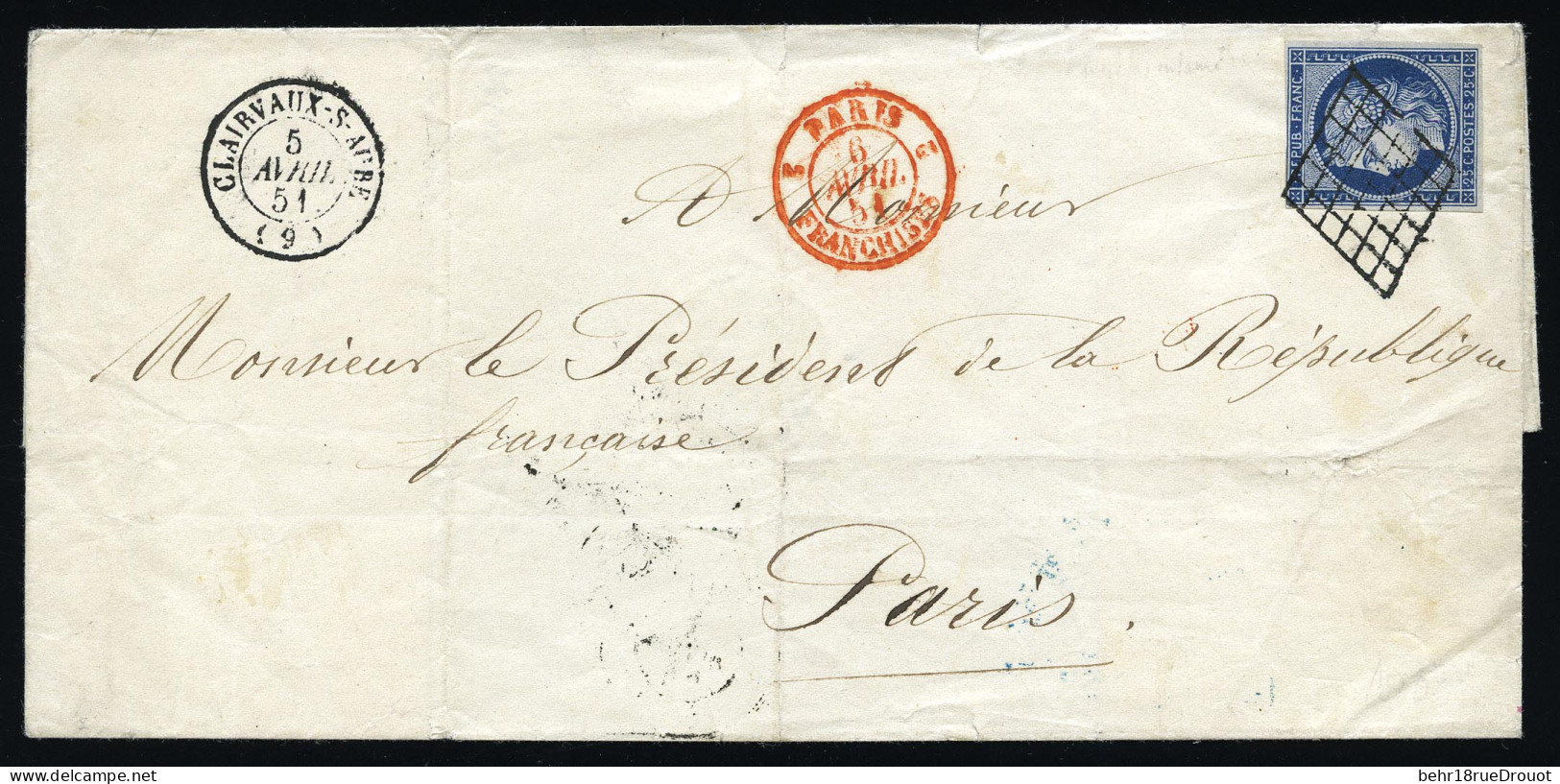 Obl. 4 -- 25c. Bleu Obl. Grille S/lettre Frappée Du CàD De CLAIRVAUX-SUR-AUBE Du 5 Avril 1851 à Destination Du Président - 1849-1850 Ceres