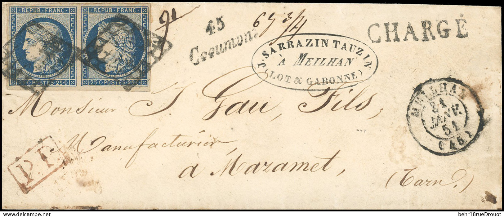 Obl. 4 X 2 -- Paire Du 25c. Bleu Obl. Grille S/lettre Chargée, Frappée De La Cursive "45 COCUMONT" Et Du CàD De MEILHAN  - 1849-1850 Cérès