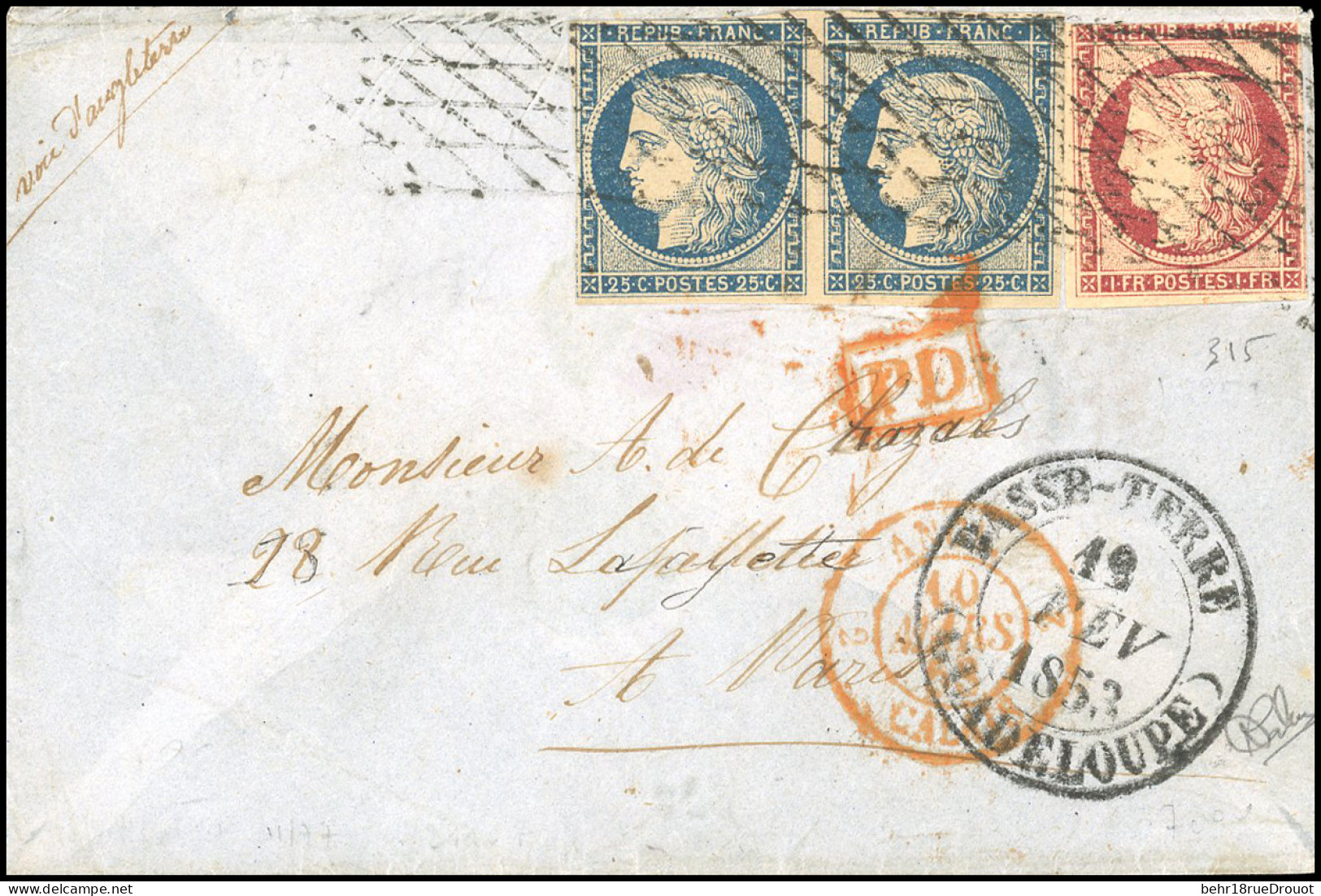 Obl. 4+ 6 -- Paire Du 25c. Bleu + 1F. Carmin Obl. Grille Sans Fin S/lettre Frappée Du CàD De BASSE-TERRE - GUADELOUPE Du - 1849-1850 Cérès