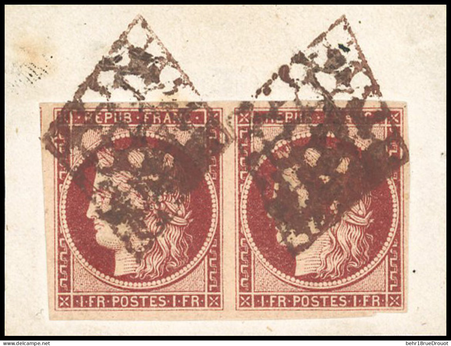 Obl. 6B -- 1F. Carmin-brun. Paire Obl. Grille Rouge S/fragment. TB. RR. - 1849-1850 Cérès